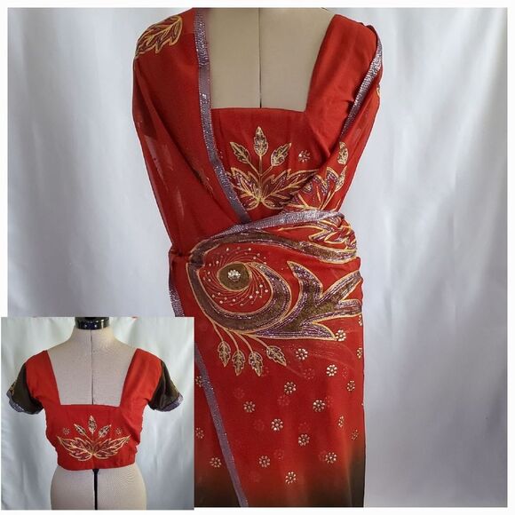 Handmade Women’s Saree & Choli Small Red Brown Silver Gold Embroidered Sequins - Picture 1 of 11